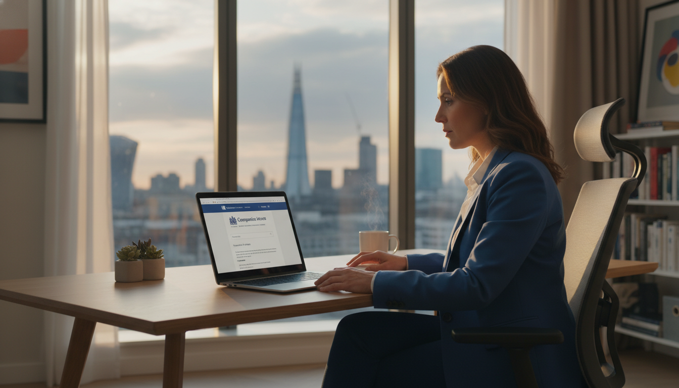 A professional person sitting in a modern home office in a foreign city, looking at a laptop displaying the UK Companies House website, with a blurred London skyline visible through the window, highly detailed, photorealistic, 4k