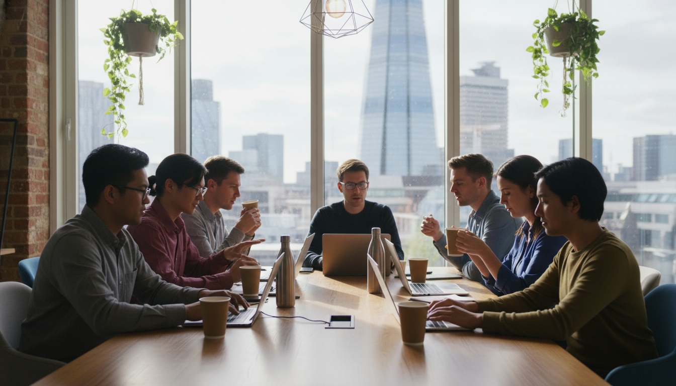 A diverse group of young entrepreneurs sitting in a modern, sunlit London co-working space with views of the Shard in the background. They are working on laptops and drinking coffee, photorealistic style, high resolution, soft natural lighting.