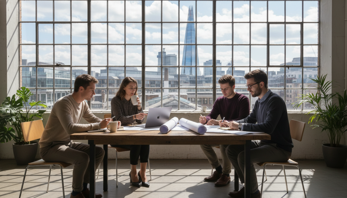 A photorealistic image of a diverse group of young entrepreneurs in a modern, sunlit London co-working space. Through a large industrial window, the iconic skyline of London with the Shard is visible. The scene is professional yet casual, featuring laptops, coffee mugs, and blueprints on a wooden table.