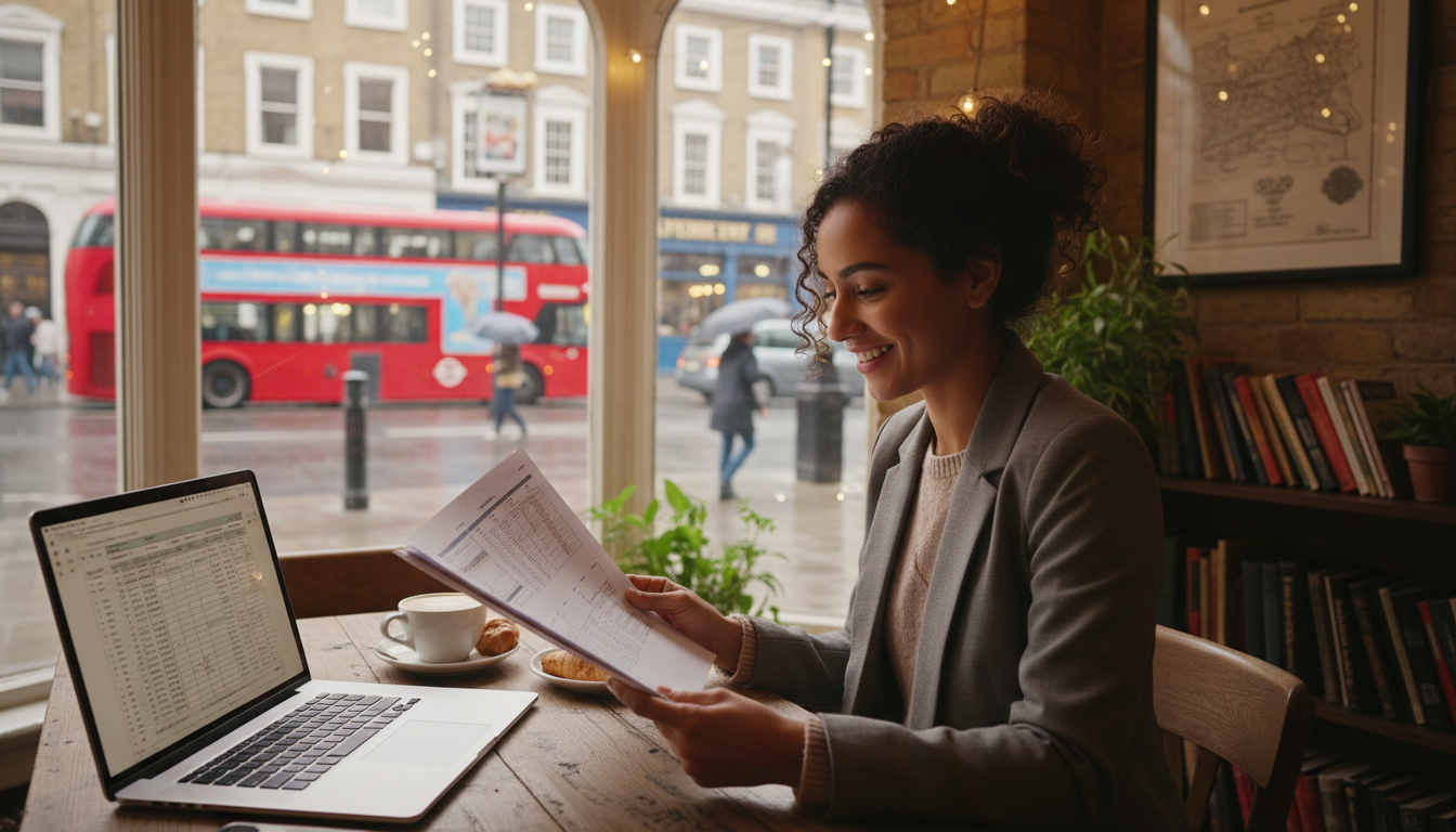 A diverse young professional sitting in a cozy London cafe with a laptop, smiling while looking at a business plan document, big windows showing a typical British street with red buses in the background, high quality, photorealistic, cinematic lighting