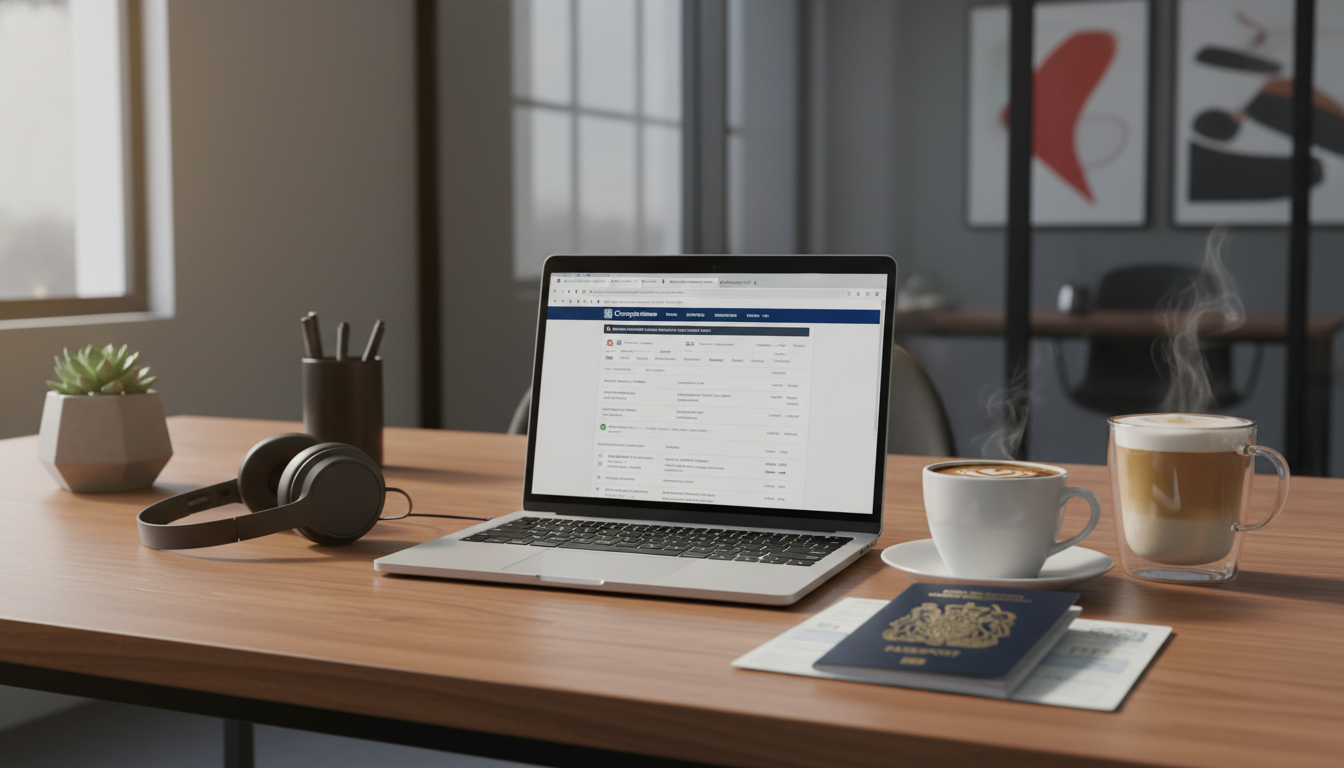 A clean, modern workspace with a laptop showing the UK Companies House website, a cup of coffee, and a UK passport on a wooden desk, photorealistic, cinematic lighting, 8k resolution.