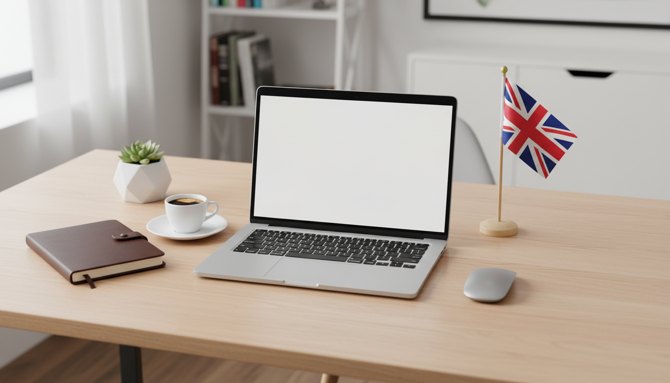 A professional and clean flat lay photography of a modern desk with a MacBook, a leather notebook, and a small British flag miniature. The lighting is soft and natural, suggesting a bright home office environment. A small cup of espresso sits next to the laptop.
