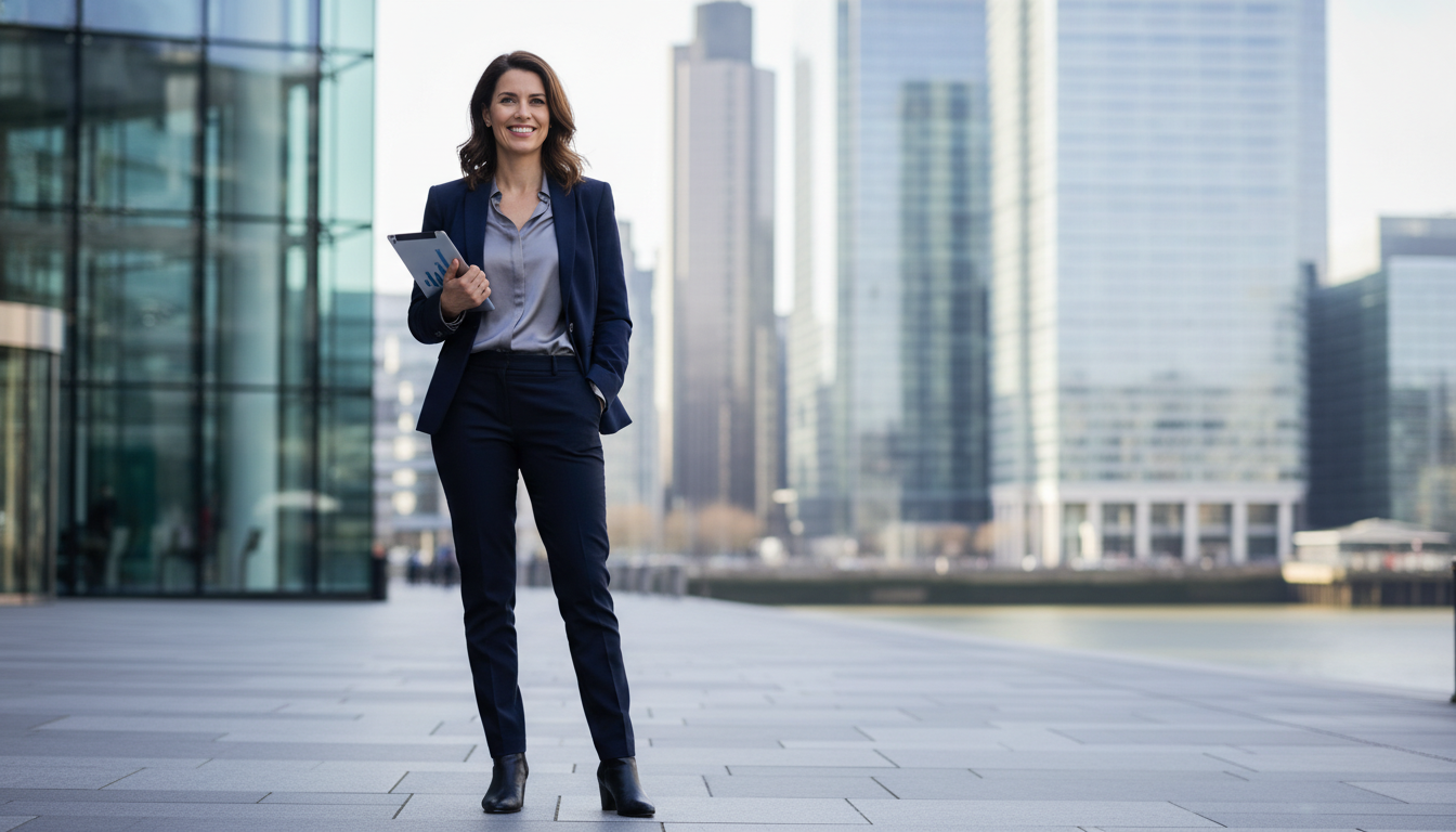 A professional expat entrepreneur standing in front of a modern glass office building in Canary Wharf London, holding a tablet and smiling confidently, photorealistic, 8k resolution, soft daylight, city skyline in the background.