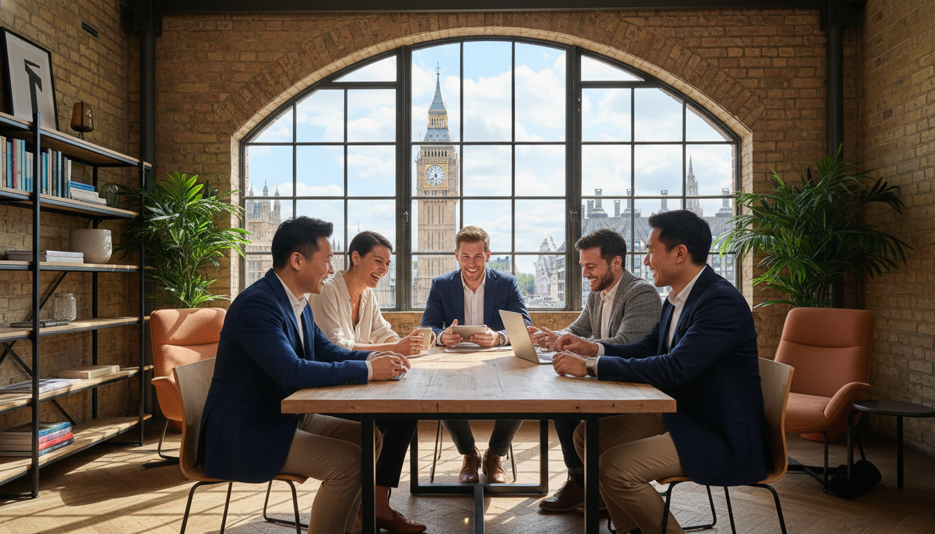 A professional and smiling diverse group of entrepreneurs sitting in a modern, sunlit London co-working space with Big Ben visible through a large window in the background, high quality, 8k resolution, photorealistic style