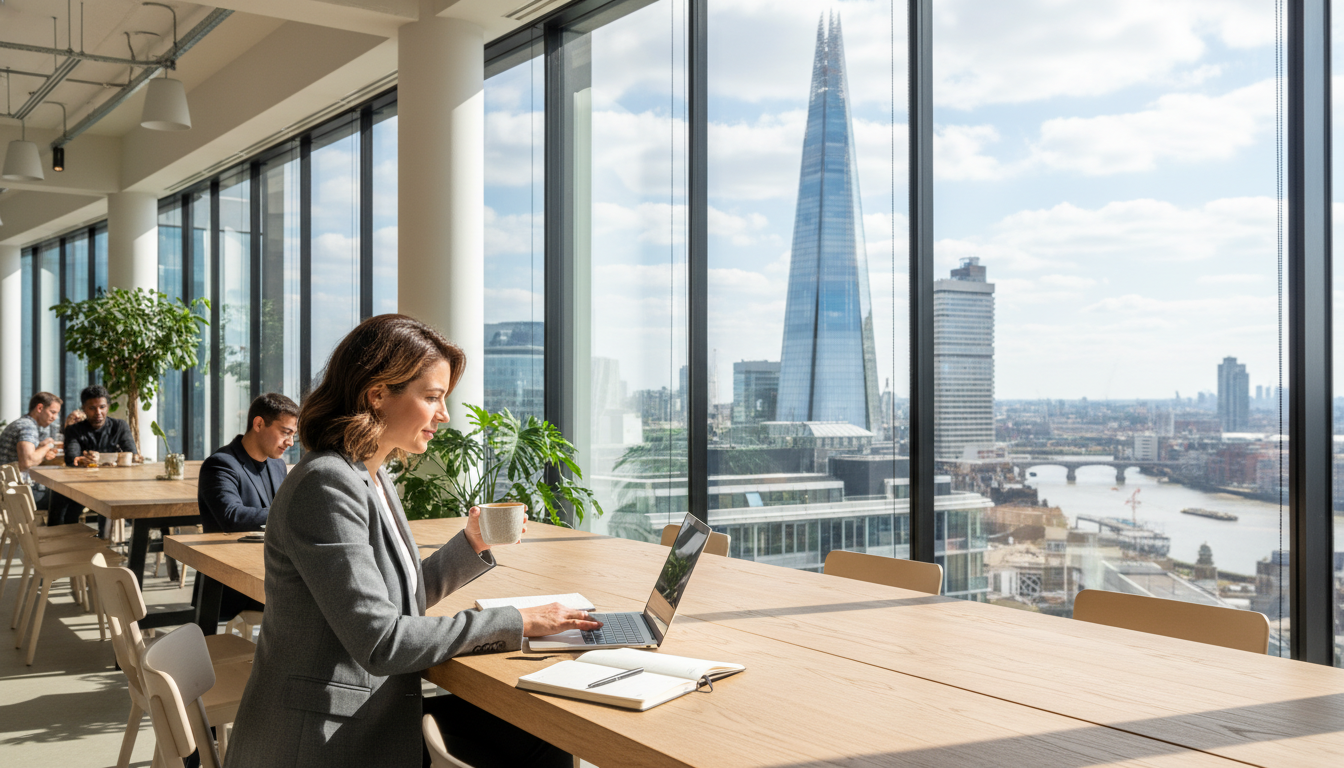 A professional expat entrepreneur sitting in a bright, modern London co-working space with a view of the Shard in the background, drinking coffee and working on a sleek laptop, highly detailed and photorealistic.